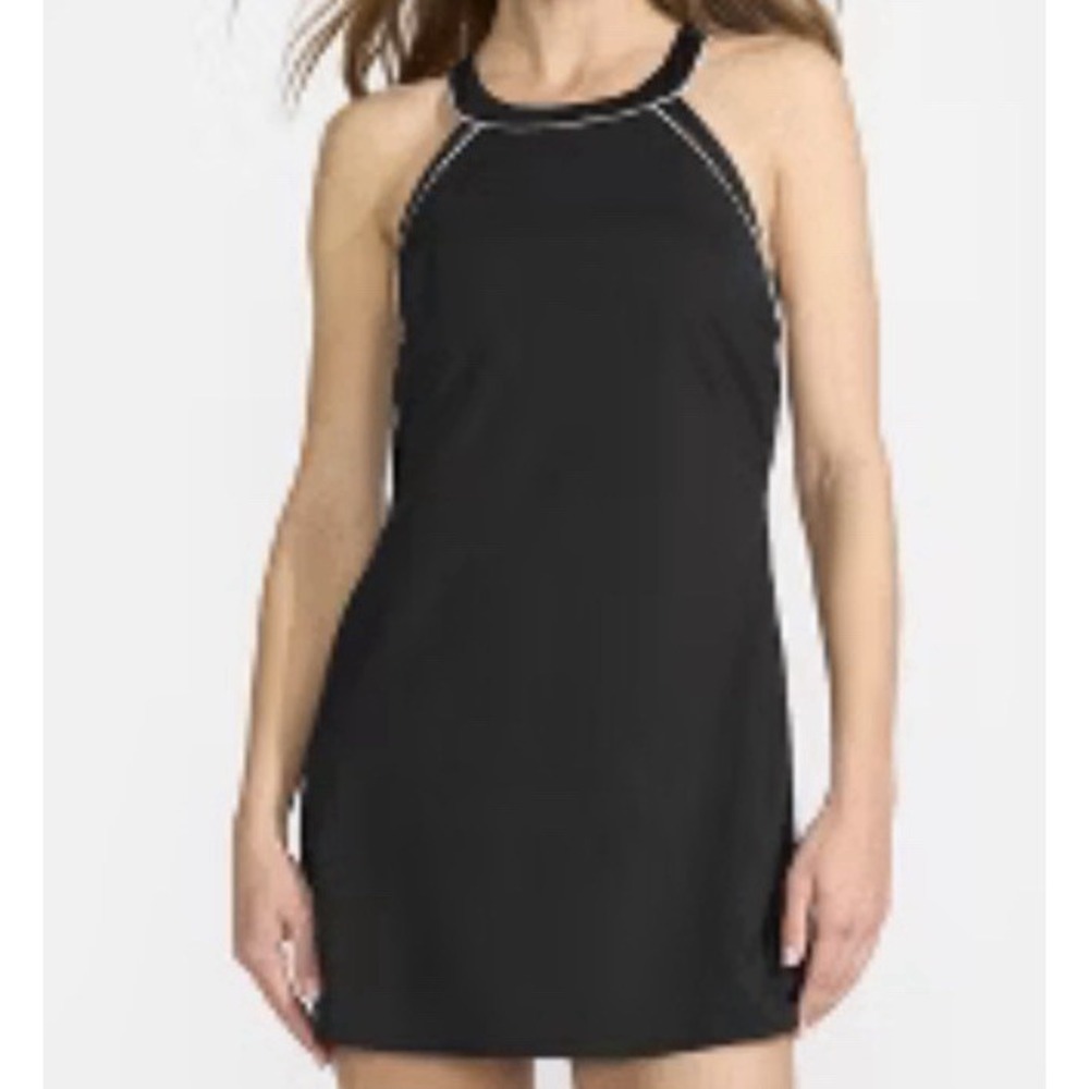 Lands' End Women's Sz 4 High Neck Black / White Piping Swim Dress 1pc Swimsuit
